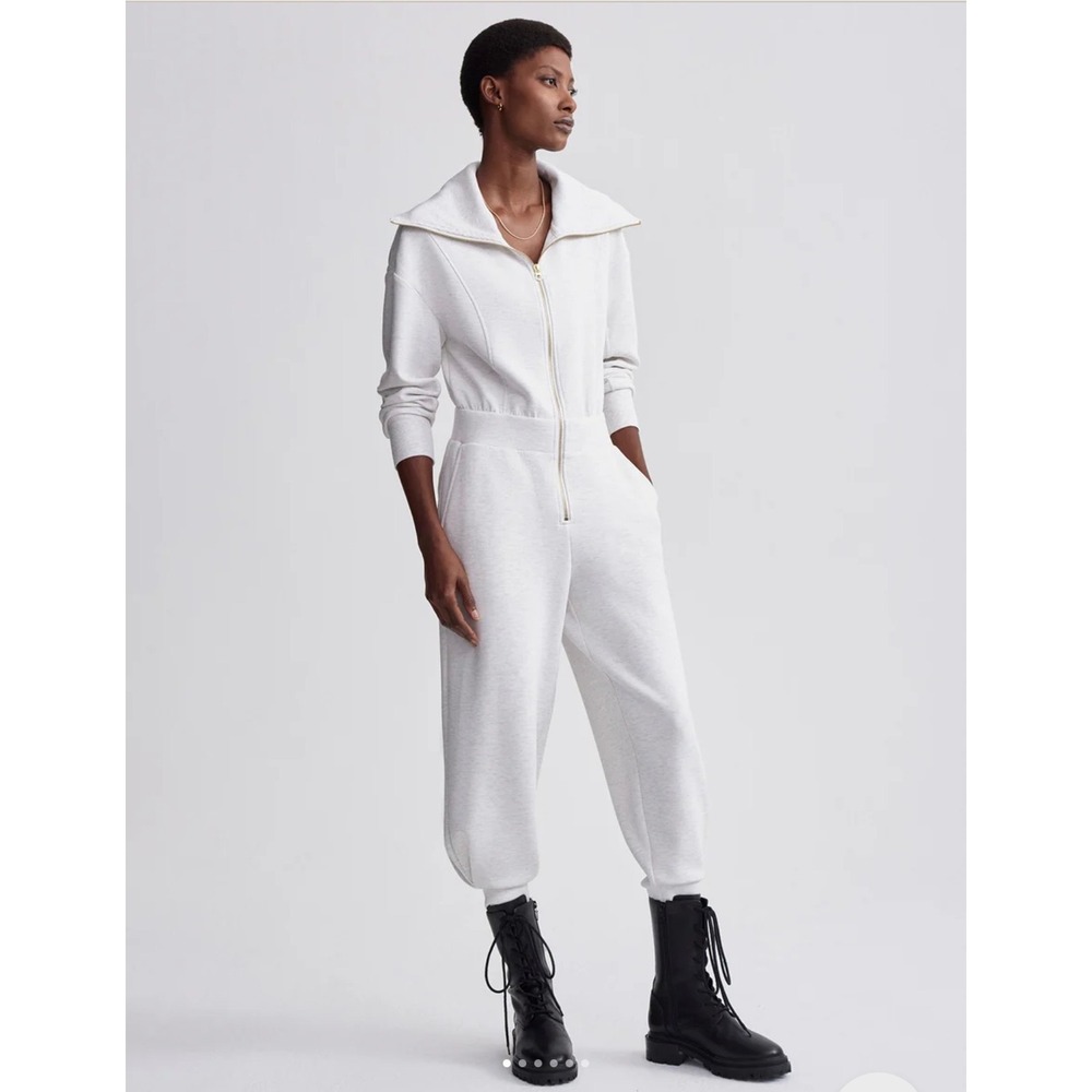 Varley‎ Lydia Jumpsuit Ivory Marl DoubleSoft Zip Front Rib Collar Size Large